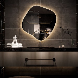 Asymmetrical Mirror with Led Lights - Irregular Bathroom Mirror - Led Mirror Wall Decor - Shaped Vanity Mirror with Lights