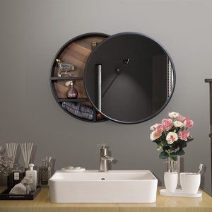 24 inch Round Mirror with Bathroom Cabinet Wall Mounted - Mirror with Wood Medicine Cabinet - Mirror for Bathroom & Kitchen Wall Decor