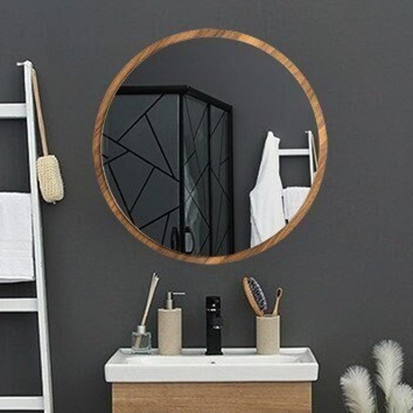 Round Mirror for Wall - Modern Mirror for Bathroom - Black Circle Wood Mirror - Large White Mirror for Wall - Walnut Mirror for Vanity