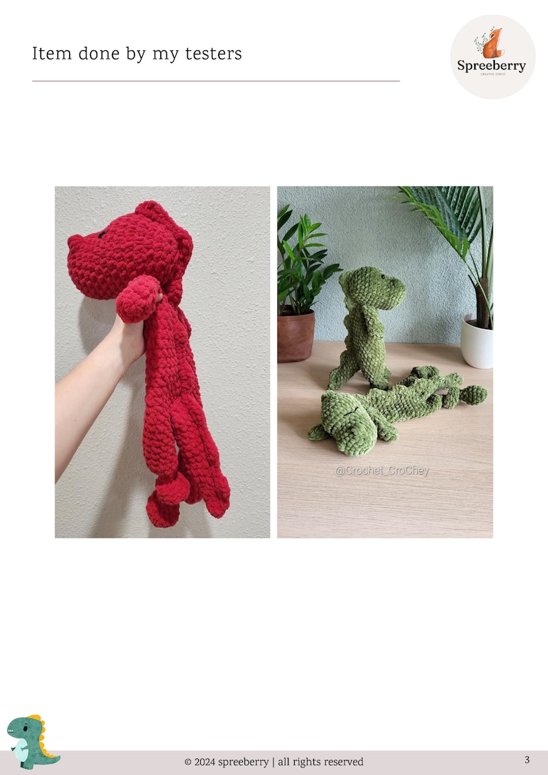 May include: Two crocheted dinosaur toys, one red and one green. The red dinosaur is held in a hand, while the green dinosaur is lying on a wooden surface. The green dinosaur is labeled with the text "@Crochet CroChey".