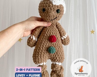 2-in-1 Gingerbread Man Crochet Pattern, Lovey + Plushie perfect for Winter and Christmas Season