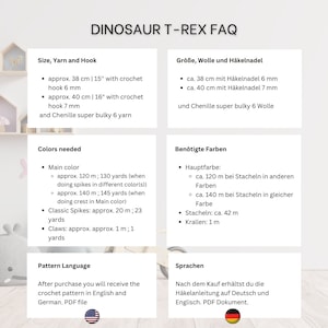 May include: A guide to crocheting a dinosaur T-Rex, with instructions in English and German. The guide includes information on yarn, hook size, and color needed. The guide also includes a pattern language section.
