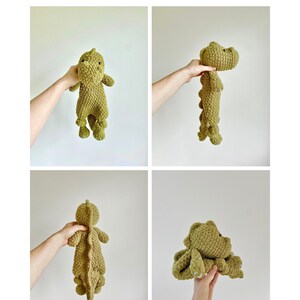 May include: A green crocheted dinosaur toy with a textured surface. The toy is being held by a hand in four different poses.