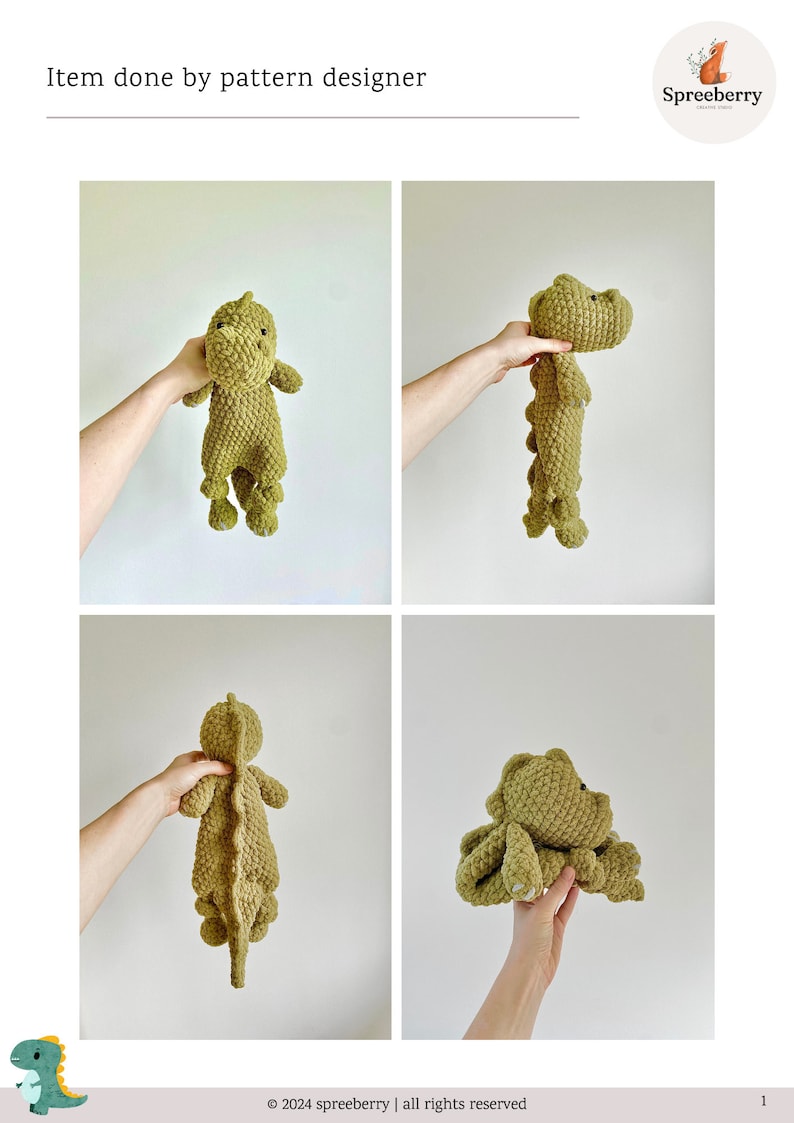 May include: A green crocheted dinosaur toy with a textured surface. The toy is being held by a hand in four different poses.