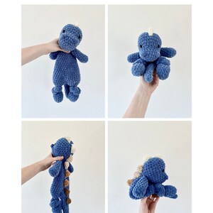 May include: Four images of a blue crocheted dinosaur toy. The toy is shown from different angles, including the front, back, and side. The dinosaur has a white horn and brown spots on its back.