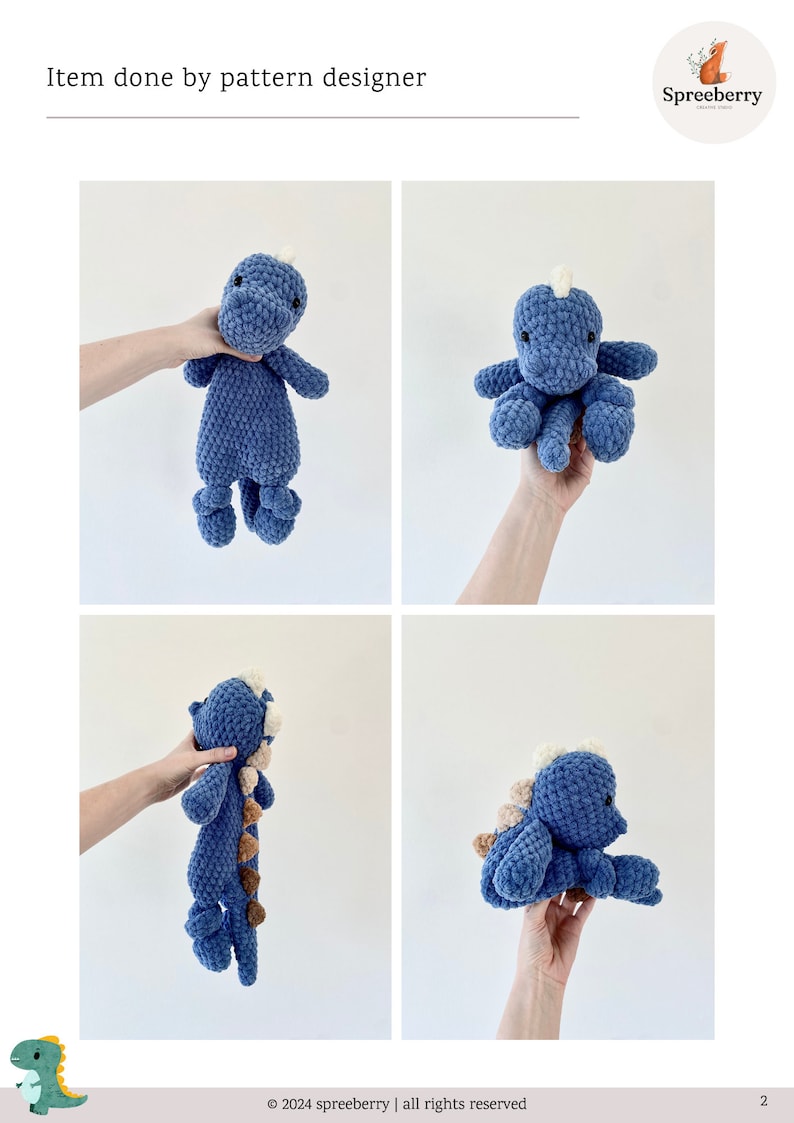May include: Four images of a blue crocheted dinosaur toy. The toy is shown from different angles, including the front, back, and side. The dinosaur has a white horn and brown spots on its back.