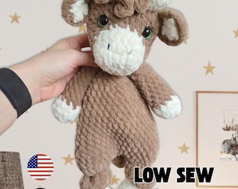 LOW SEW Highland Cow Lovey Crochet Pattern, Knotted Legs Snuggler incl. Full Pattern Video Tutorial
