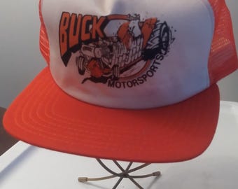 Vtg 80s 90s Buck Motorsports Orange Snapback Mesh Trucker Hat New Era Cap