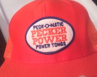 Pecker Power Peck-o-matic Power Tongs Vintage Snapback Trucker Hat Mesh Cap USA Orange