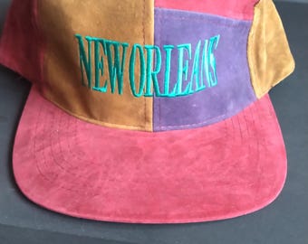 Vtg New Orleans Suede Rayon Patchwork Style Snapback hat Vintage 80s 90s