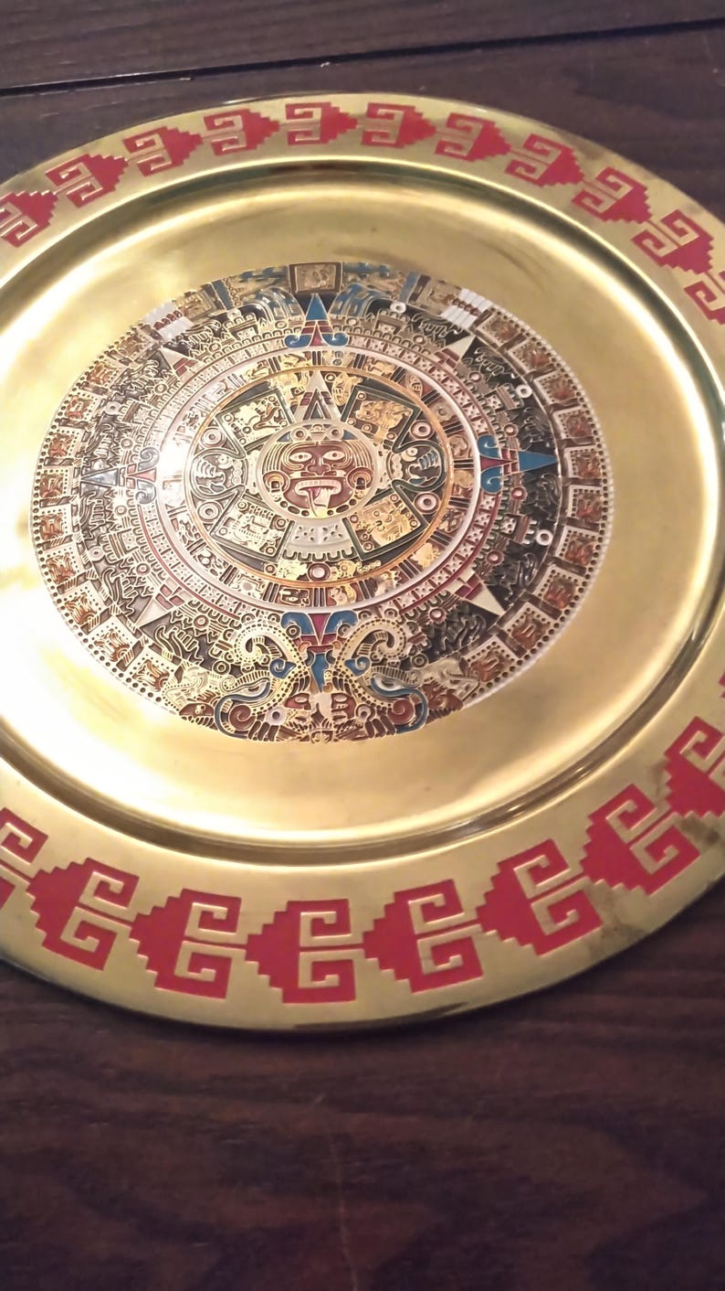 Vintage Mexican Brass and Enameled Painted Aztec Sun Calendar Wall ...