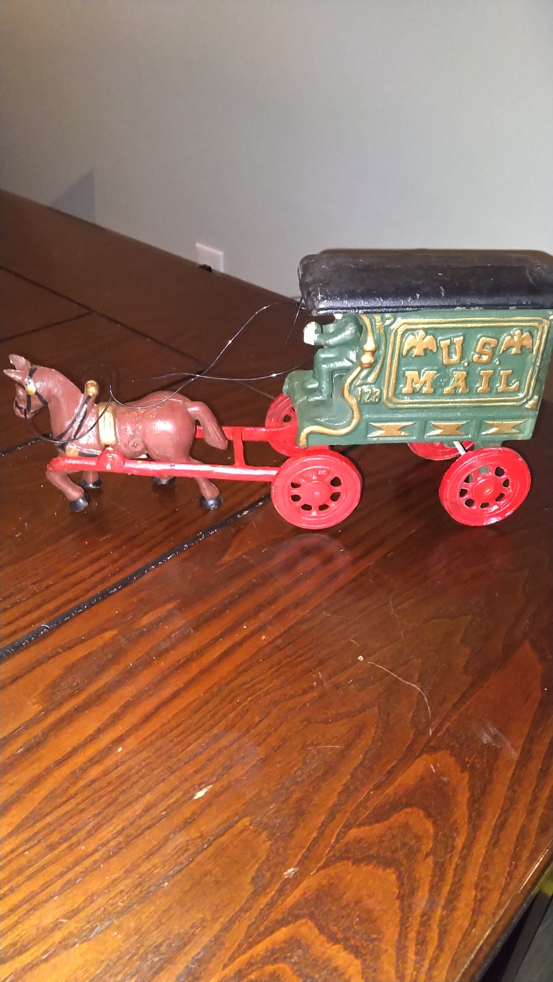 Vintage Cast Iron Metal U.S. Mail Post Office Carriage Horse Drawn