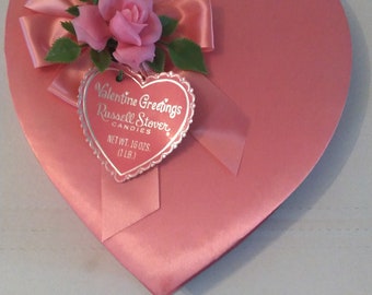 Vintage Russel Stover Candies Heart Shaped Pink Satin Candy Box Valentine's Day Greetings Flowers Roses