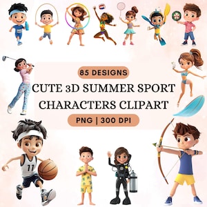 Zestaw clipartów Letnie sporty | Urocze 3D dzieci uprawiające sport PNG | Clipart postaci z kreskówek do sublimacji i drukowania | Natychmiastowe pobranie
