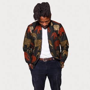 Bomber jacket in wax fabric with elephant patterns