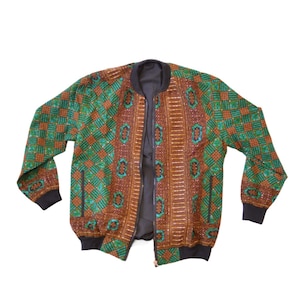 Women&#39;s Bomber Jacket in Green and Brown Wax Fabric – Geometric Patterns