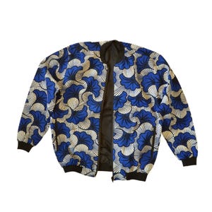 Men&#39;s Bomber Jacket in Blue, White and Black Wax Fabric - Floral Patterns