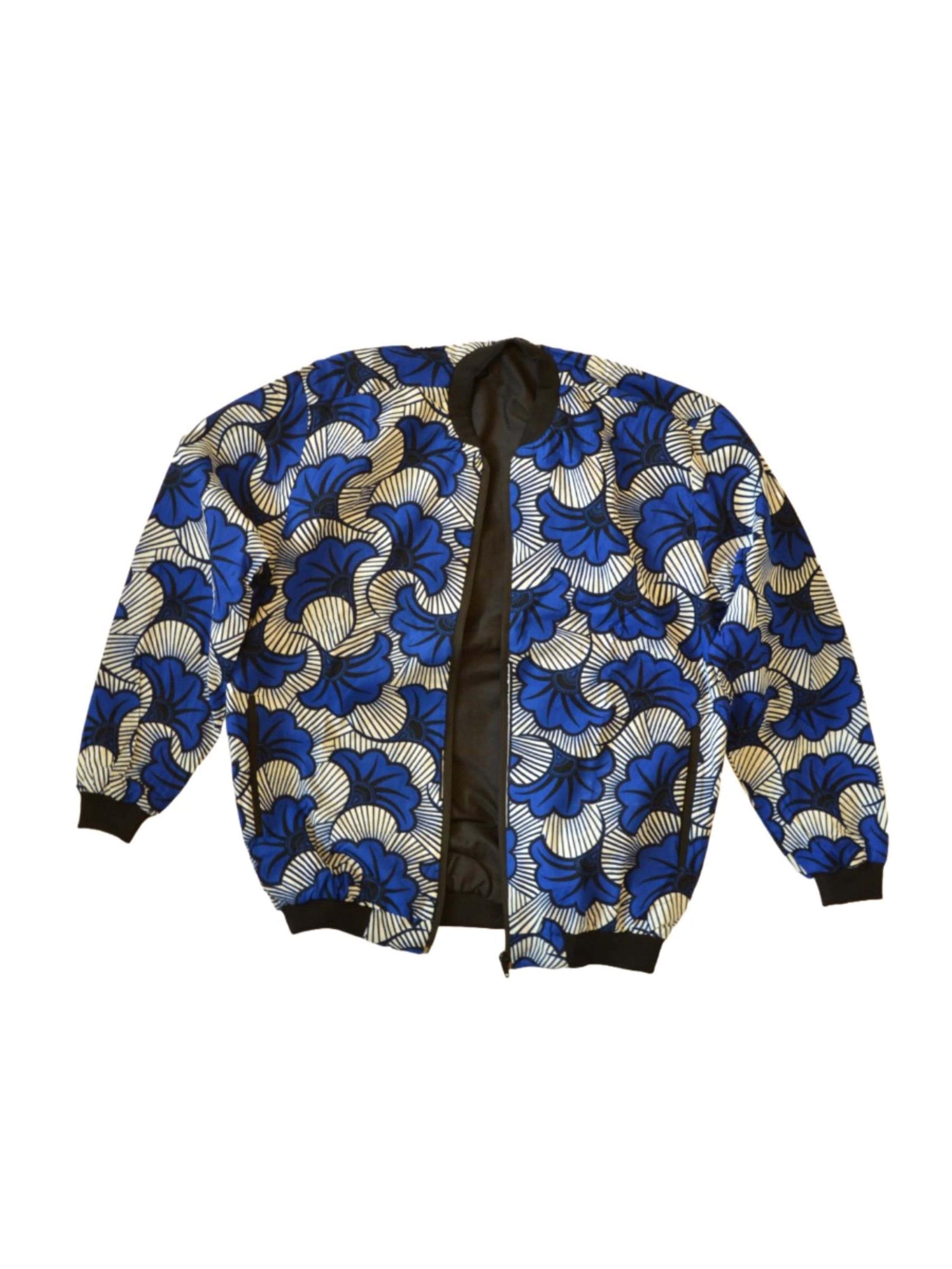 Bomber Wax Africain Motifs Géométriques - Veste Ethnique Homme Taille Unique En Coton Bleu - Neuf Sans étiquettes