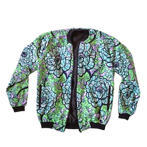 Women&#39;s Bomber Jacket in Green, Blue and Purple Wax Fabric - Floral Patterns