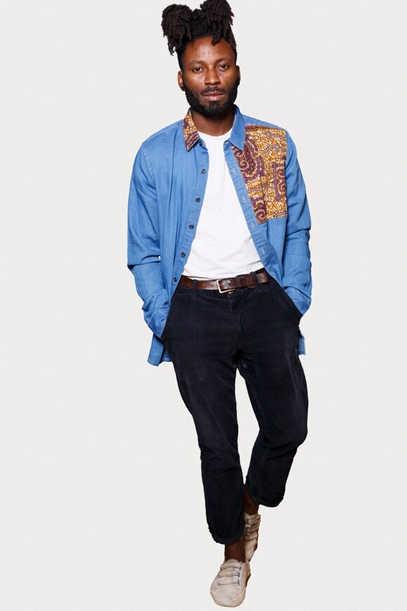 Chemise Homme Manches Longues En Jean Avec Imprimé Africain Taille M - Neuf Avec étiquettes