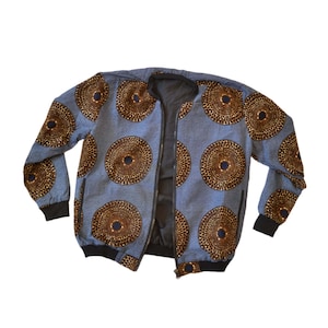 Men&#39;s Bomber Jacket in Grey and Brown Wax Fabric – Circular Patterns