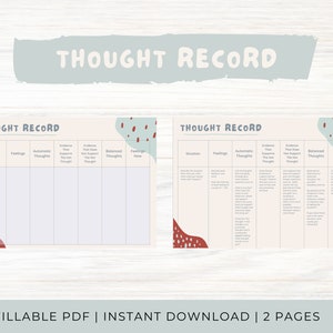 Thought Record | CBT | Fillable PDF | Therapy Resource | Thought Processing | Therapist | Anxiety Worksheet | Cognitive Behavioral Therapy