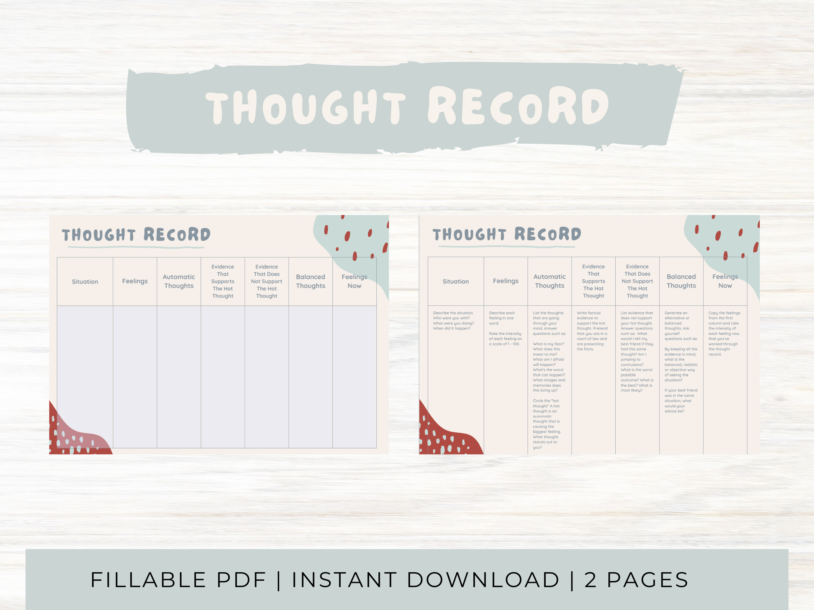 Thought Record CBT Fillable PDF Therapy Resource Thought Processing