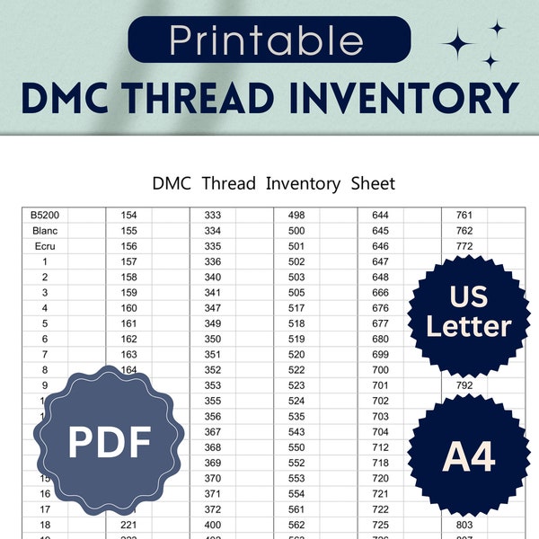 Minimalistic DMC Thread Inventory Sheet PDF, Printable Cross-Stitch Floss Tracker, DMC Color Chart, Letter & A4, Embroidery Floss List