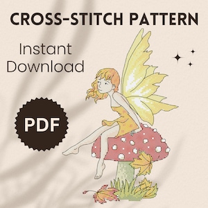 Puede incluir: Patrón de punto de cruz PDF de un hada sentada en un hongo rojo con alas amarillas y un vestido amarillo. El hongo tiene hierba verde y hojas marrones alrededor.