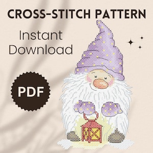 May include: Cross-stitch pattern PDF download of a purple and white gnome holding a lantern. The gnome has a purple hat with white polka dots and a white beard. The lantern is red and yellow.