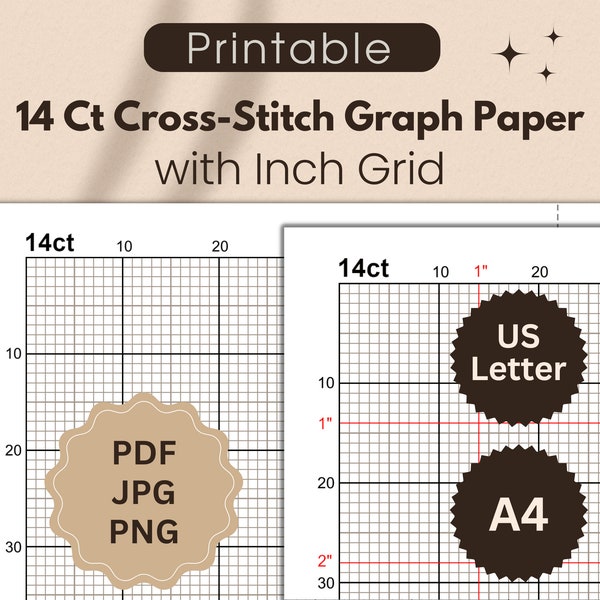 14-Count Graph Paper for Cross-Stitch with Inch Grid, Printable Cross-Stitch Grid for creating Your own designs, Letter & A4, PDF, JPG, PNG