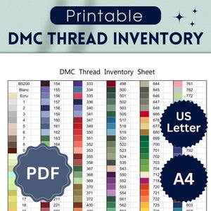 Hoja de inventario de hilos DMC en formato PDF, rastreador de hilos para punto de cruz imprimible, tabla de colores DMC, tamaño carta y A4, lista de hilos para bordar