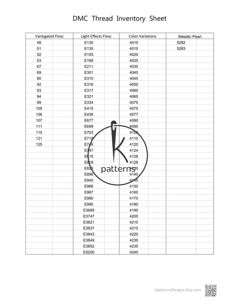 Minimalistic DMC Thread Inventory Sheet PDF, Printable Crossstitch
