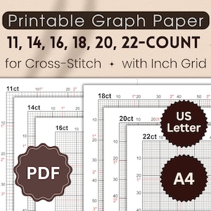 11 14 16 18 20 22-Ct Millimeter Papier Bündel für Kreuzstich mit Zoll-Gitter für die Erstellung Ihrer eigenen Designs, druckbare PDF, Letter & A4