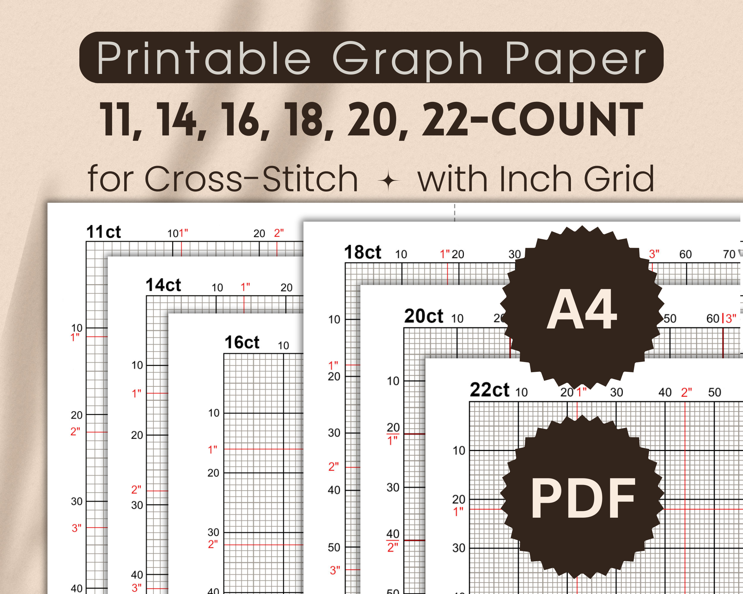 11 14 16 18 20 22 count Graph Paper for Cross stitch With Inch Grid A4