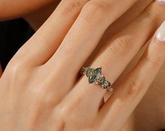 Art Deco Leaf Gemstone Branch Nature Inspired Cluster Ring Rose Gold Vintage Marquise Moss Agate Engagement Ring Unique Promise Ring For Her