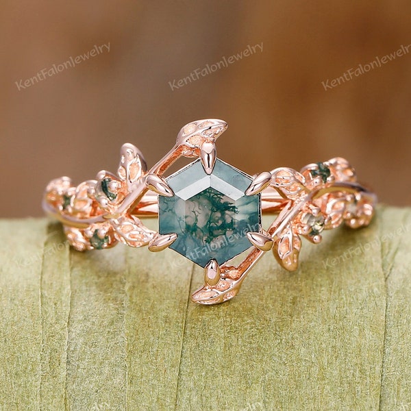 Art deco leaf promise ring Nature inspired hexagon cut moss agate engagement ring Cluster ring Unique Anniversary gifts Vintage Jewelry