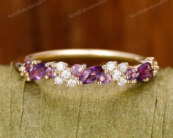 Unique moissanite half eternity band Anniversary gifts Amethyst wedding ring solid 14k rose gold wedding band Marquise diamond matching band
