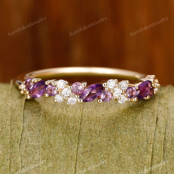 Unique moissanite half eternity band Anniversary gifts Amethyst wedding ring solid 14k rose gold wedding band Marquise diamond matching band