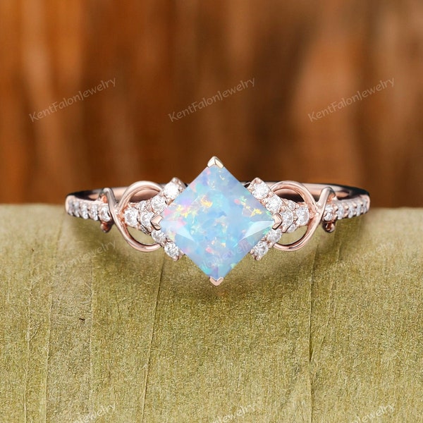 Twist opal promise ring Marriage ring Anniversary ring Princess cut blue opal engagement ring Rose gold Dainty diamond bridal ring for girl