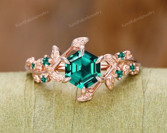 Gift For Women Art Deco Nature Inspired Leaf Wedding Promise Ring Vintage 6mm Hexagon Emerald 10K Rose Gold Anniversary Engagement Ring Gold