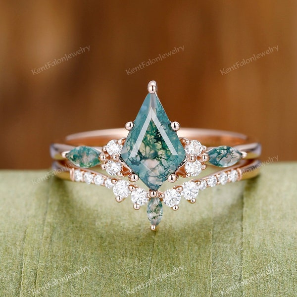 Dainty diamond ring Personalized anniversary gift Kite cut green moss agate ring rose gold Unique engagement ring women 6 prong ring jewelry