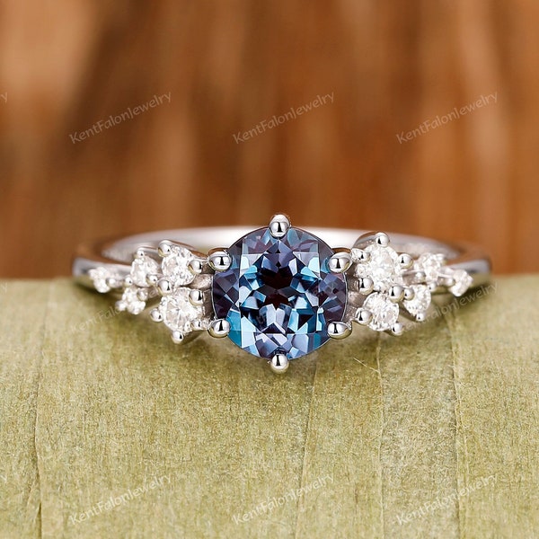 Unique promise proposal ring Dainty ring her Vintage Alexandrite Engagement Ring Gold wedding Ring Antique 6.5mm round shaped Bridal ring