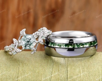 Matching Nature Promise Ring Kite Green Moss Agate Ring Couples Ring Set His and Hers Wedding Band 925 Sterling Silver Unique Men's Ring