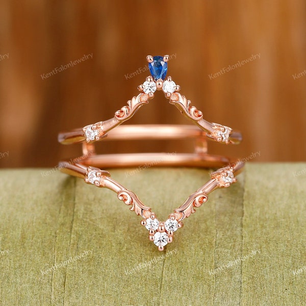 Sapphire Ring Enhancer Wrap Stacking Matching Anniversary Rings For Women Royal Blue Sapphire Leaf Curved Wedding Band Vintage 14KRose Gold