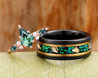 Black Tungsten Wedding Band Ring Matching Nature Inspired Kite Green Sapphire Ring Set For Couples His and Hers Wedding Band Promise Ring