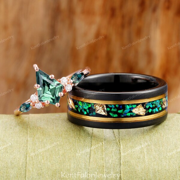 Zwarte wolfraam trouwring ring bijpassende natuur geïnspireerd Kite groene saffier ring set voor koppels zijn en haar trouwring belofte ring