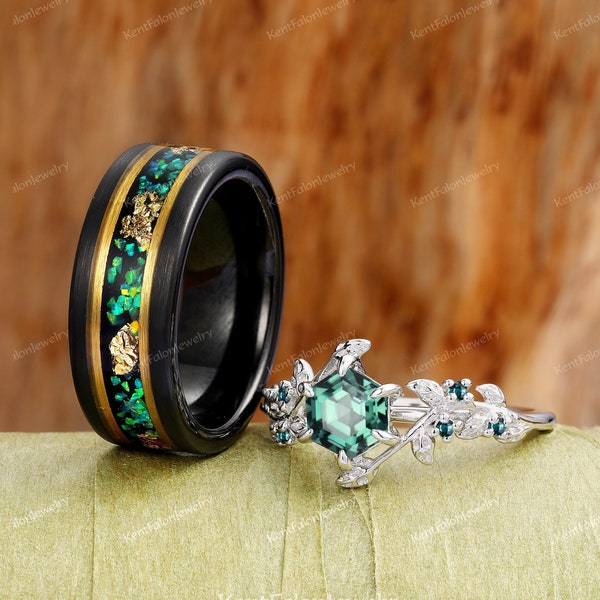 Peacock Opal Couples Ring Set Tungsten Unique Promise Ring Set His and Hers Matching Wedding Band Peacock Teal Sapphire Rose Gold Ring Band