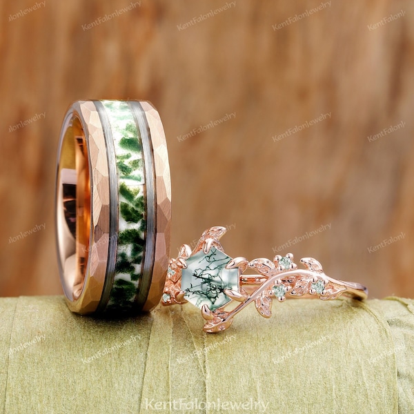 14K Rose Gold  Tungsten Hexagon Green Moss Agate Matching Ring Set Nature Couples Promise Ring His and Hers Wedding Band Rose Gold Ring Set