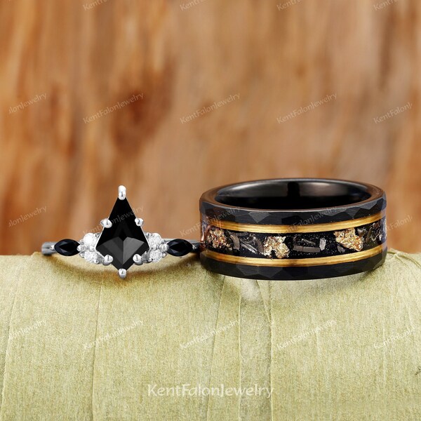 Couples Black Meteorite Rings Real Meteorite Ring His and Hers Black Onyx Gemstone Diamond Wedding Rings Wedding Set Couples Promise Ring